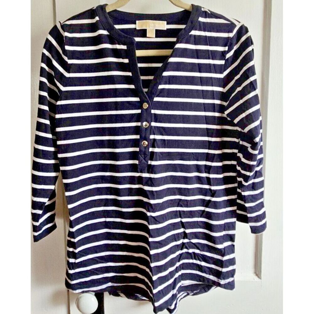 Michael Kors split neck‎ long sleeves striped top cotton Small high-low hem